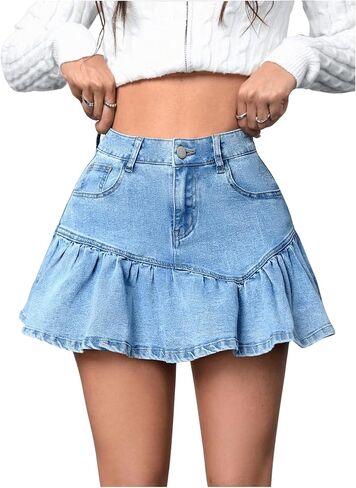 MakeMeChic Women's Ruffle Hem Pleated Jean Skirt High Waist Y2K A Line Flared Denim Skirt in Saudi Arabia