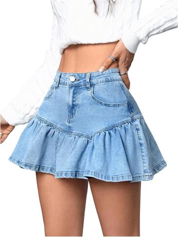 MakeMeChic Women's Ruffle Hem Pleated Jean Skirt High Waist Y2K A Line Flared Denim Skirt in Saudi Arabia
