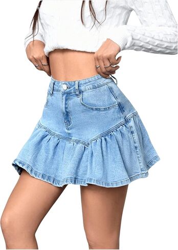 MakeMeChic Women's Ruffle Hem Pleated Jean Skirt High Waist Y2K A Line Flared Denim Skirt in Saudi Arabia