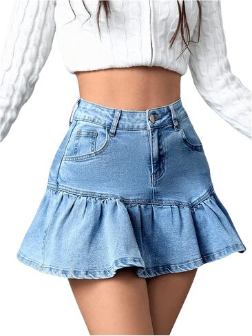MakeMeChic Women's Ruffle Hem Pleated Jean Skirt High Waist Y2K A Line Flared Denim Skirt in Saudi Arabia