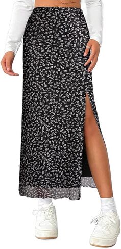 Avanova Women's Mesh Slit Split Long Skirts High Waisted Sexy Summer Maxi Skirts in Kuwait