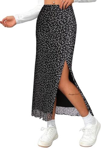 Avanova Women's Mesh Slit Split Long Skirts High Waisted Sexy Summer Maxi Skirts in Kuwait
