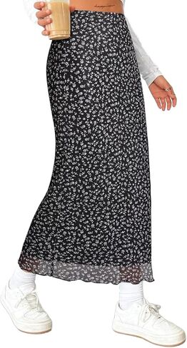 Avanova Women's Mesh Slit Split Long Skirts High Waisted Sexy Summer Maxi Skirts in Kuwait