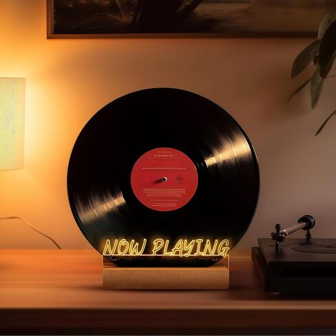 Now Playing Vinyl Record Stand Wall Mount Light up LED Vinyl Record Holder Wooden Acrylic Display with Warm White Lights for Albums Music Collection Gift Christmas (Battery Not Included) in Saudi Arabia