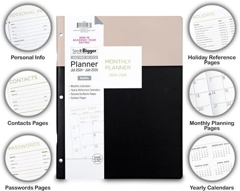 PlanAhead July 2024 - June 2026 Monthly Planner - 11"x8" 2 Year Academic Planner Notebook with Large Print - 3-Hole Punched Calendar Agenda for Student & Teacher - No Color Selection Available, Chosen Randomly in Saudi Arabia