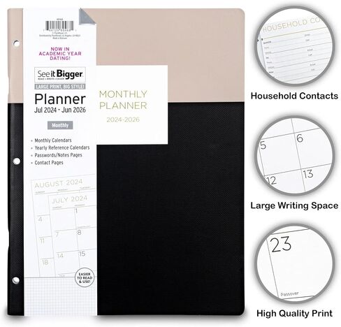 PlanAhead July 2024 - June 2026 Monthly Planner - 11"x8" 2 Year Academic Planner Notebook with Large Print - 3-Hole Punched Calendar Agenda for Student & Teacher - No Color Selection Available, Chosen Randomly in Saudi Arabia
