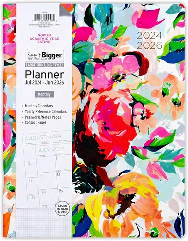 PlanAhead July 2024 - June 2026 Monthly Planner - 11"x8" 2 Year Academic Planner Notebook with Large Print - 3-Hole Punched Calendar Agenda for Student & Teacher - No Color Selection Available, Chosen Randomly in Saudi Arabia