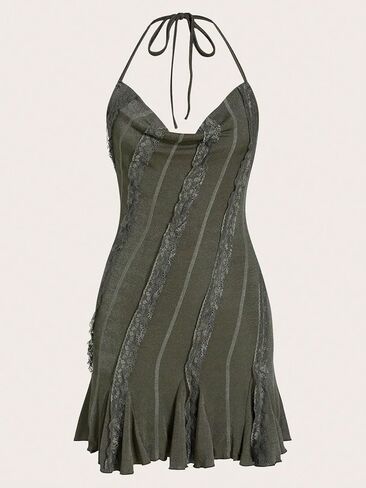 Verdusa Women's Y2K Halter Draped Collar Tie Backless Lace Trim Halter Mini Dress in Saudi Arabia