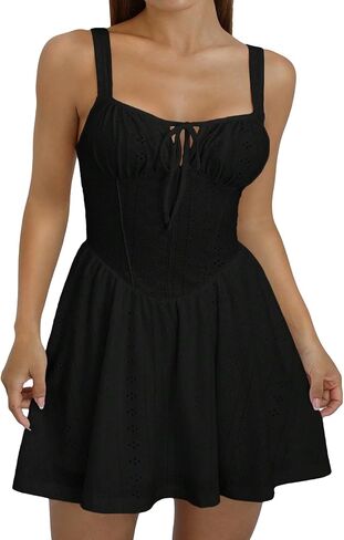 Milumia Women's Eyelet Elastic Tie Front Ruched High Waist Cami Sleeveless Mini Dresses in Saudi Arabia