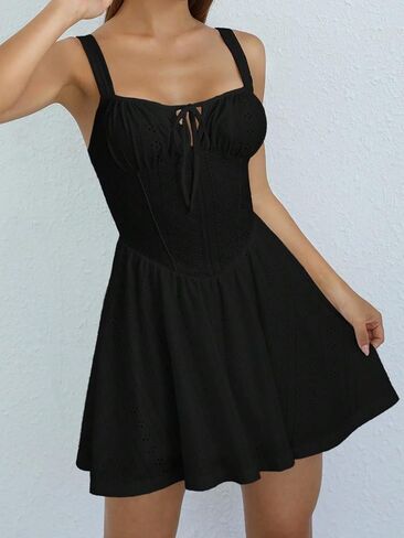 Milumia Women's Eyelet Elastic Tie Front Ruched High Waist Cami Sleeveless Mini Dresses in Saudi Arabia