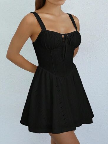 Milumia Women's Eyelet Elastic Tie Front Ruched High Waist Cami Sleeveless Mini Dresses in Saudi Arabia