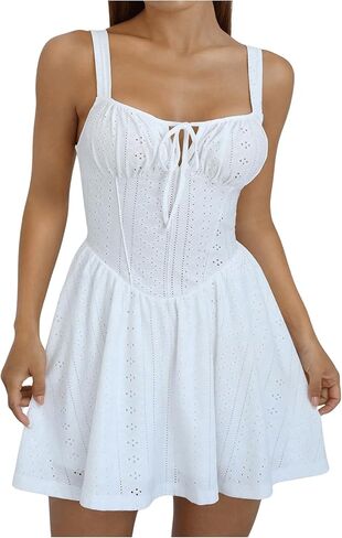 Milumia Women's Eyelet Elastic Tie Front Ruched High Waist Cami Sleeveless Mini Dresses in Saudi Arabia