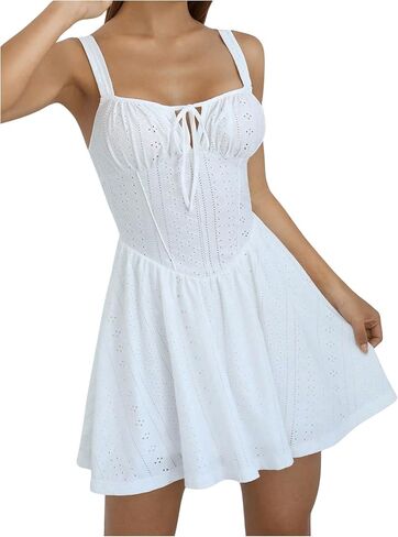 Milumia Women's Eyelet Elastic Tie Front Ruched High Waist Cami Sleeveless Mini Dresses in Saudi Arabia
