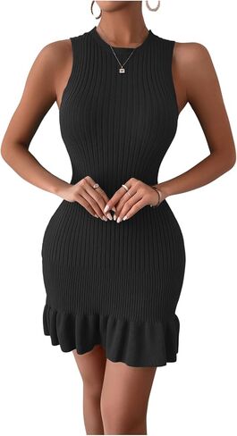 SOLY HUX Women's Sexy Sleeveless Bodycon Dress Ruffle Hem Ribbed Knit Sweater Slim Fit Ruched Stretchy Tank Mini Dresses in Saudi Arabia