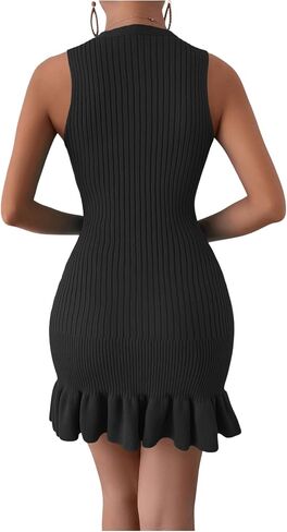 SOLY HUX Women's Sexy Sleeveless Bodycon Dress Ruffle Hem Ribbed Knit Sweater Slim Fit Ruched Stretchy Tank Mini Dresses in Saudi Arabia