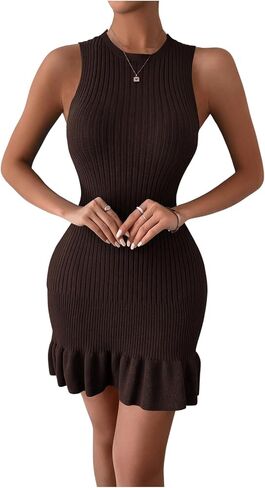 SOLY HUX Women's Sexy Sleeveless Bodycon Dress Ruffle Hem Ribbed Knit Sweater Slim Fit Ruched Stretchy Tank Mini Dresses in Saudi Arabia