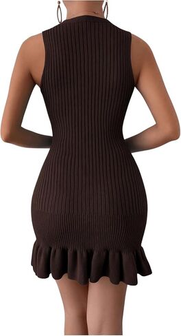 SOLY HUX Women's Sexy Sleeveless Bodycon Dress Ruffle Hem Ribbed Knit Sweater Slim Fit Ruched Stretchy Tank Mini Dresses in Saudi Arabia
