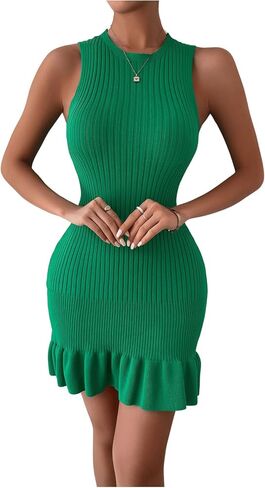 SOLY HUX Women's Sexy Sleeveless Bodycon Dress Ruffle Hem Ribbed Knit Sweater Slim Fit Ruched Stretchy Tank Mini Dresses in Saudi Arabia