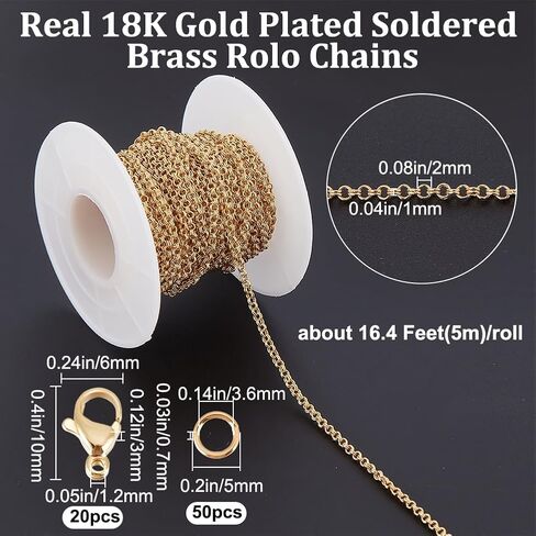 Beebeecraft 1 صندوق 10 متر سلاسل رولو نحاسية ملحومة 18 قيراط نحاس مطلي بالذهب 2 مم قلادة بيضاوية مكتنزة مع 20 قطعة مشابك مخلب جراد البحر 50 قطعة حلقات قفز لصنع المجوهرات in Saudi Arabia
