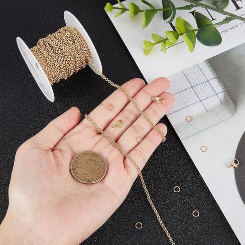 Beebeecraft 1 صندوق 10 متر سلاسل رولو نحاسية ملحومة 18 قيراط نحاس مطلي بالذهب 2 مم قلادة بيضاوية مكتنزة مع 20 قطعة مشابك مخلب جراد البحر 50 قطعة حلقات قفز لصنع المجوهرات in Saudi Arabia