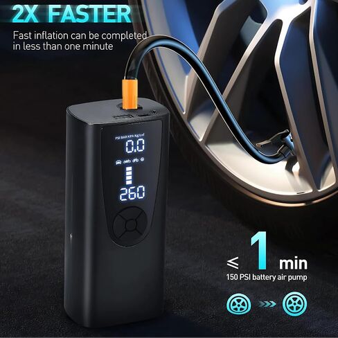 Tire Inflator Portable Air Compressor, 150PSI & 25000mAh Portable Air Pump for Car Tires, 2X Faster Inflation Bike Tire Pump with Tire Pressure Gauge, Auto Shut-off, Quick Charger, Motorcycle & Bike in Saudi Arabia