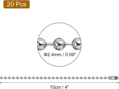 HARFINGTON 20pcs Ball Beads Chain 4 Inch 2.4mm Diameter Stainless Steel Dog Tag Keychain Ball Connector Clasp for Jewelry Making Necklace DIY Crafts, Silver Tone in Saudi Arabia