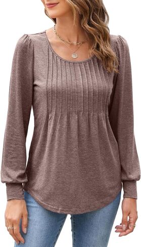 Bluetime Women's Puff Long Sleeve Pleated Front Scoop Neck Tunic Tops Fall Tshirts Shirts Blouses in Saudi Arabia