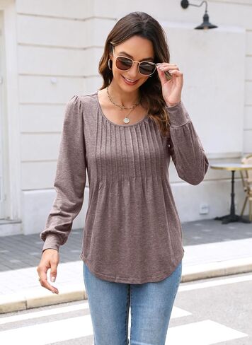 Bluetime Women's Puff Long Sleeve Pleated Front Scoop Neck Tunic Tops Fall Tshirts Shirts Blouses in Saudi Arabia