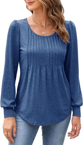 Bluetime Women's Puff Long Sleeve Pleated Front Scoop Neck Tunic Tops Fall Tshirts Shirts Blouses in Saudi Arabia