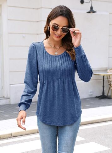 Bluetime Women's Puff Long Sleeve Pleated Front Scoop Neck Tunic Tops Fall Tshirts Shirts Blouses in Saudi Arabia