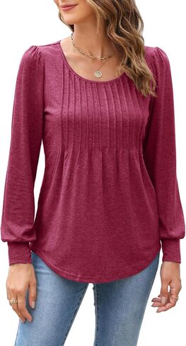 Bluetime Women's Puff Long Sleeve Pleated Front Scoop Neck Tunic Tops Fall Tshirts Shirts Blouses in Saudi Arabia
