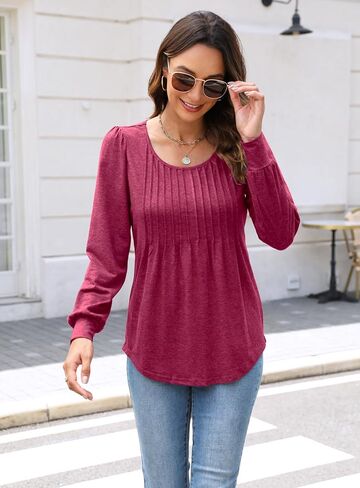 Bluetime Women's Puff Long Sleeve Pleated Front Scoop Neck Tunic Tops Fall Tshirts Shirts Blouses in Saudi Arabia