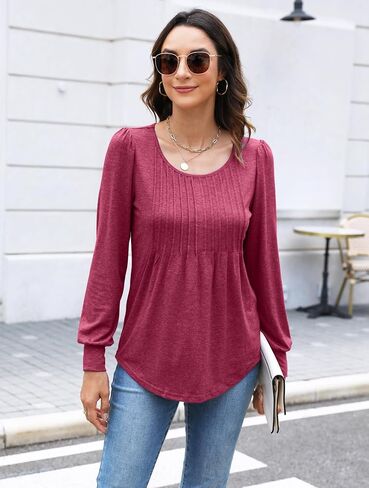 Bluetime Women's Puff Long Sleeve Pleated Front Scoop Neck Tunic Tops Fall Tshirts Shirts Blouses in Saudi Arabia