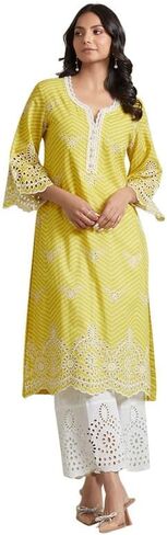 مجموعة كورتا بالازو من ذا لوم للنساء بأكمام طويلة ملابس عرقية هندية ورقبة على شكل حرف V مطبوعة كورتي عرقية هندية للفتيات باللون الأصفر in Kuwait