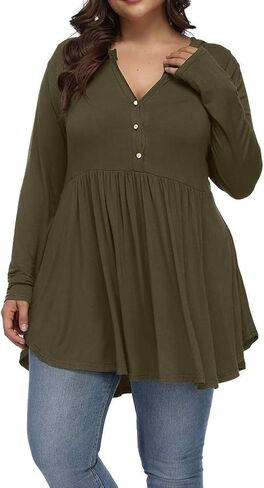 Women's Plus Size Henley V Neck Button Tunic Tops Long Sleeves Swing Flowy Shirts in Kuwait