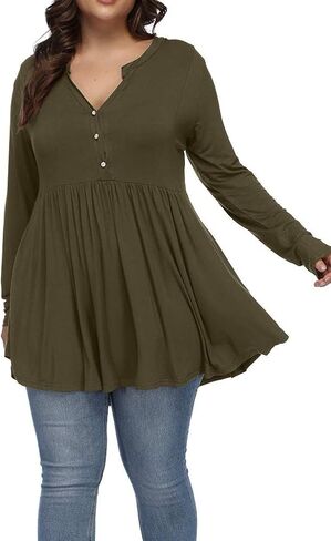 Women's Plus Size Henley V Neck Button Tunic Tops Long Sleeves Swing Flowy Shirts in Kuwait
