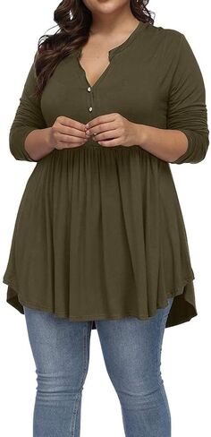 Women's Plus Size Henley V Neck Button Tunic Tops Long Sleeves Swing Flowy Shirts in Kuwait