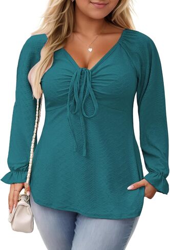 VISLILY Womens-Plus-Size-Tops Dressy V Neck Puff Ruffle Sleeve T Shirts Trendy Eyelet Blouses Casual Drawstring Loose Tunics in Kuwait