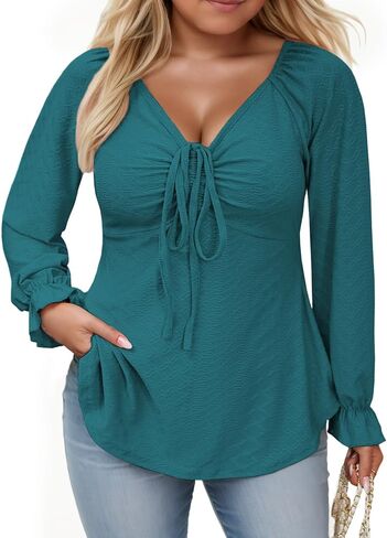 VISLILY Womens-Plus-Size-Tops Dressy V Neck Puff Ruffle Sleeve T Shirts Trendy Eyelet Blouses Casual Drawstring Loose Tunics in Kuwait