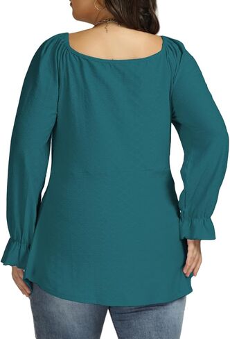 VISLILY Womens-Plus-Size-Tops Dressy V Neck Puff Ruffle Sleeve T Shirts Trendy Eyelet Blouses Casual Drawstring Loose Tunics in Kuwait