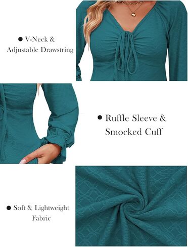 VISLILY Womens-Plus-Size-Tops Dressy V Neck Puff Ruffle Sleeve T Shirts Trendy Eyelet Blouses Casual Drawstring Loose Tunics in Kuwait