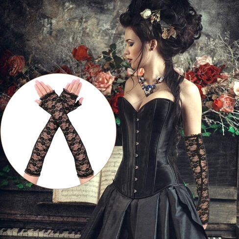 Women's Lace Floral Gloves Black Long Fingerless Gloves Elbow Length Bridal Gloves for Wedding Banquets Opera Tea Party in Saudi Arabia