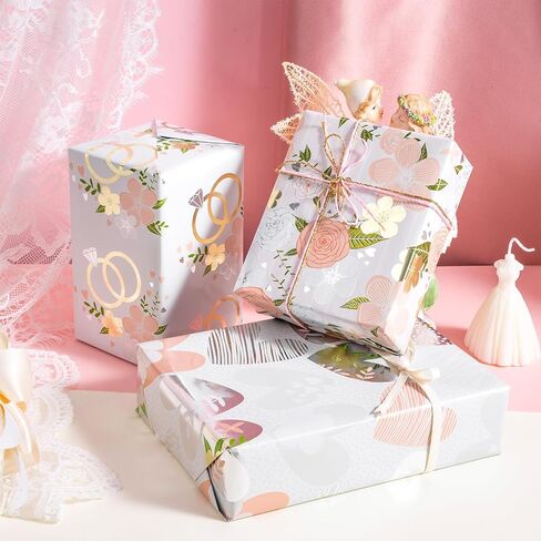 LeZakaa Silver Wrapping Paper Roll - Mini Roll - Flower & Love and Ring with Metallic Foil Design for Wedding, Engagement,Bridal Shower - 17 x 120 inches, 3 Rolls (42.5 sq.ft.ttl.) in Kuwait
