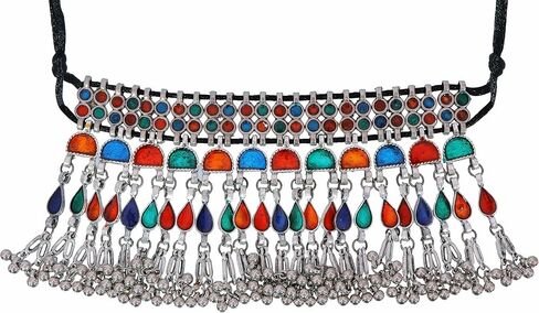 Indian Fashion Antique Afghani German Silver Oxidized Ghungroo Boho Gypsy Tribal Statement Tassel Chain Choker Thread Necklace Jewelry Set in Kuwait