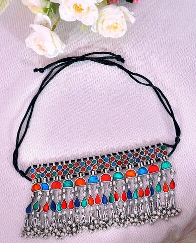 Indian Fashion Antique Afghani German Silver Oxidized Ghungroo Boho Gypsy Tribal Statement Tassel Chain Choker Thread Necklace Jewelry Set in Kuwait