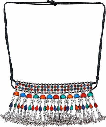 Indian Fashion Antique Afghani German Silver Oxidized Ghungroo Boho Gypsy Tribal Statement Tassel Chain Choker Thread Necklace Jewelry Set in Kuwait