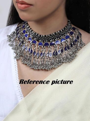 Indian Fashion Antique Afghani German Silver Oxidized Ghungroo Boho Gypsy Tribal Statement Tassel Chain Choker Thread Necklace Jewelry Set in Kuwait