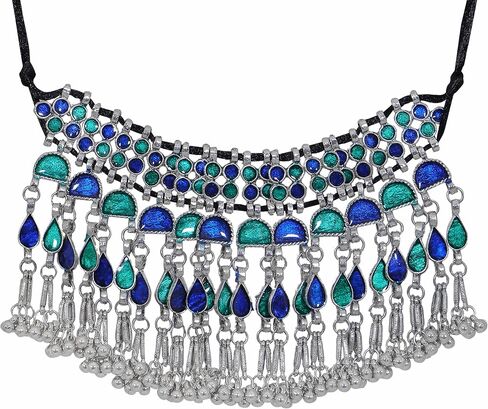 Indian Fashion Antique Afghani German Silver Oxidized Ghungroo Boho Gypsy Tribal Statement Tassel Chain Choker Thread Necklace Jewelry Set in Kuwait