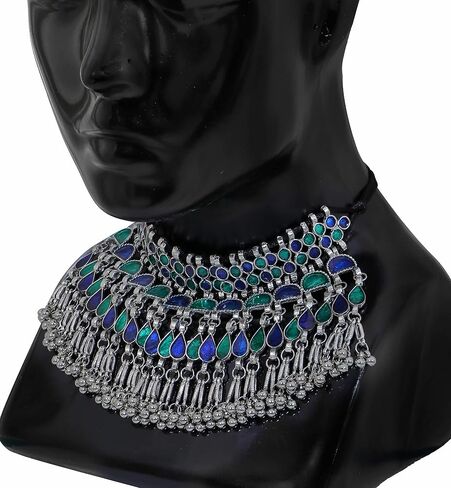 Indian Fashion Antique Afghani German Silver Oxidized Ghungroo Boho Gypsy Tribal Statement Tassel Chain Choker Thread Necklace Jewelry Set in Kuwait