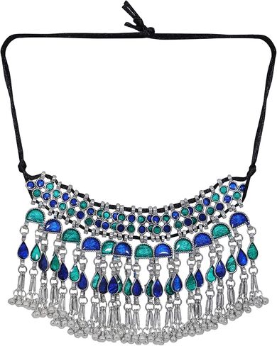 Indian Fashion Antique Afghani German Silver Oxidized Ghungroo Boho Gypsy Tribal Statement Tassel Chain Choker Thread Necklace Jewelry Set in Kuwait